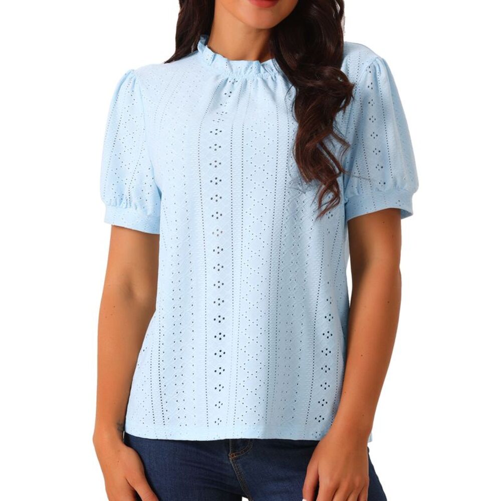 Puff Sleeve Eyelet Back Button Down Dressy Casual Ruffle Neck Blouse Light Blue